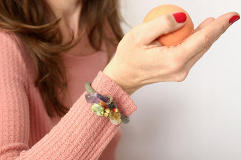 Handcrafted One-of-a-kind Cuff Bracelet in Khaki by Gré with Amethyst, Aventurine, Citrine, Quartz and Agate