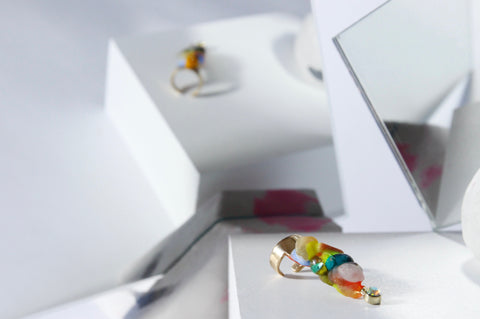 Unique handmade turquoise and pink ear cuff by Gré with crystals, citrine, brass, aventurine