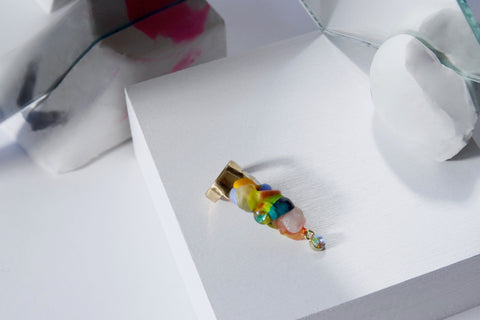 Unique handmade turquoise and pink ear cuff by Gré with crystals, citrine, brass, aventurine