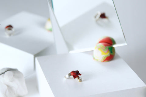 One-of-a-Kind Handcrafted Dangling Ear Cuff by Gré with red Agate, sterling silver