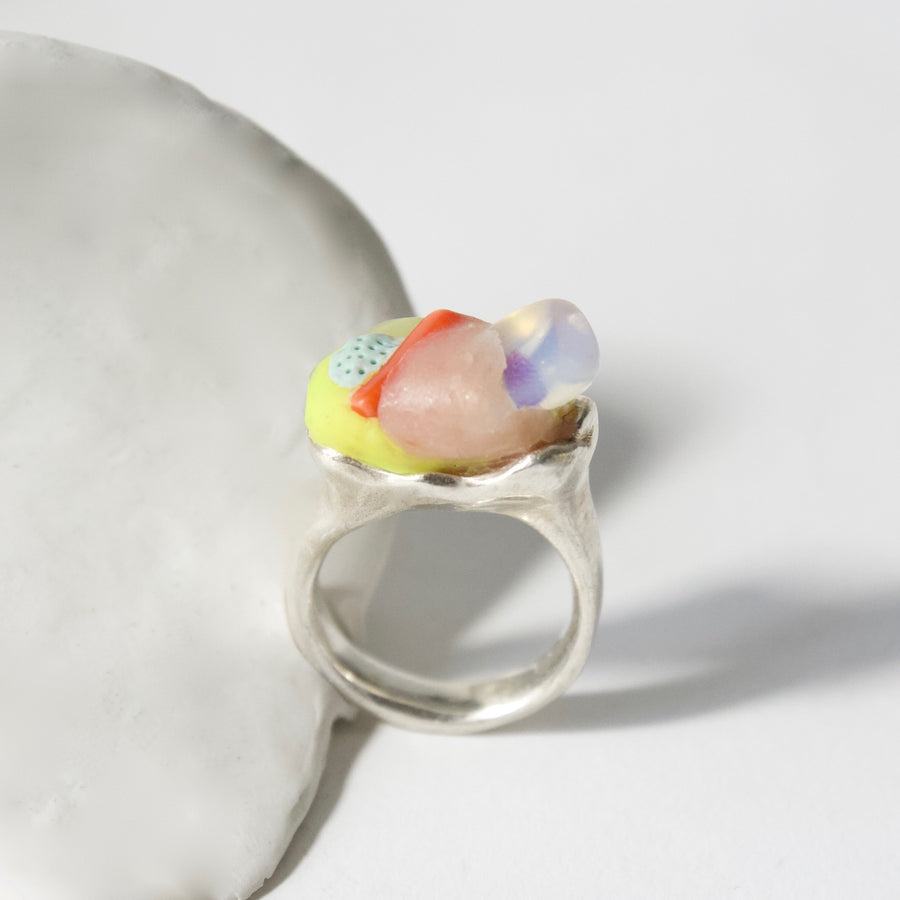 Handcrafted Sterling Silver Ring with Moonstone and Jade by Gré