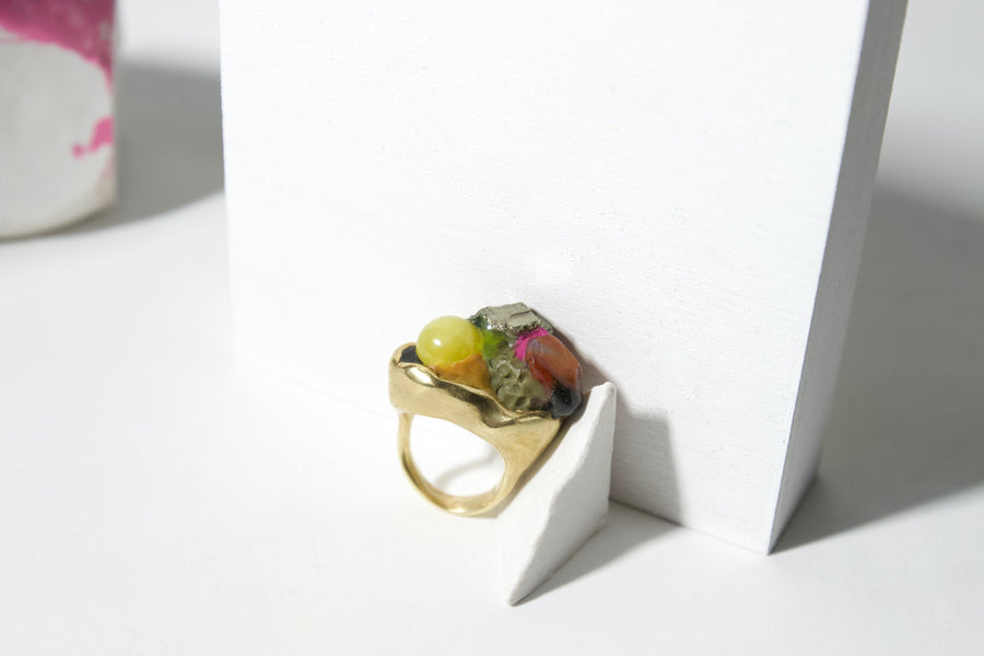 Unique Handcrafted Brass Ring with Jade, Carnelian and Pyrite by Gré