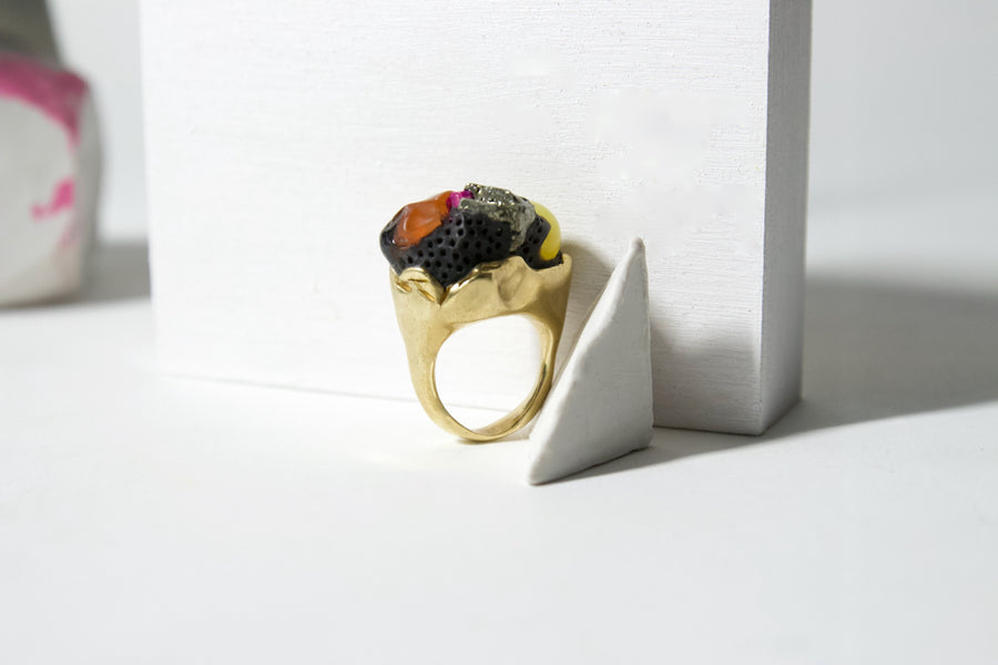 Unique Handcrafted Brass Ring with Jade, Carnelian and Pyrite by Gré