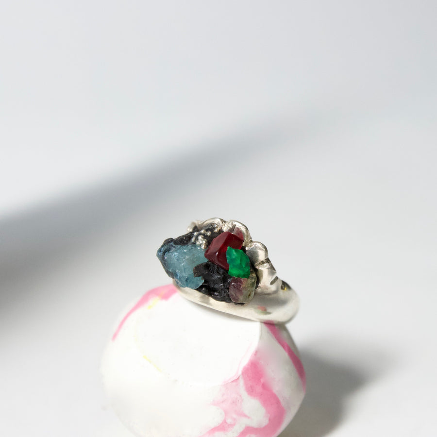Unique Handcrafted Sterling Silver Ring by Gré with Apatite, Garnet and Rainbow Tourmaline