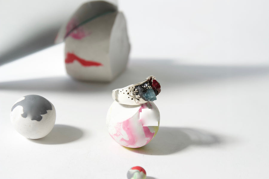 Unique Handcrafted Sterling Silver Ring by Gré with Apatite, Garnet and Rainbow Tourmaline