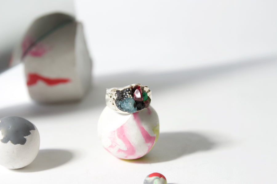 Unique Handcrafted Sterling Silver Ring by Gré with Apatite, Garnet and Rainbow Tourmaline