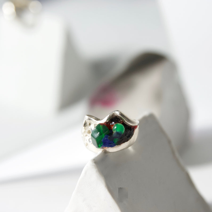 Handcrafted Sterling Silver Ring by Gré with Green Agate and Jade