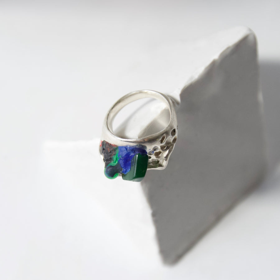 Handcrafted Sterling Silver Ring by Gré with Green Agate and Jade
