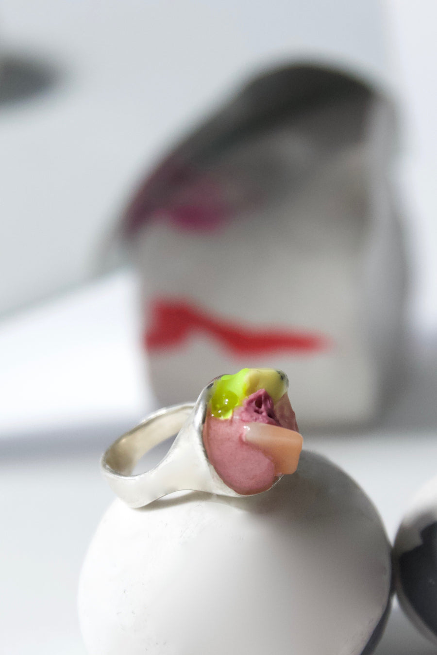 One-of-A-Kind Handcrafted Sterling Silver Pink Pinky Ring by Gré with Aventurine and Jasper