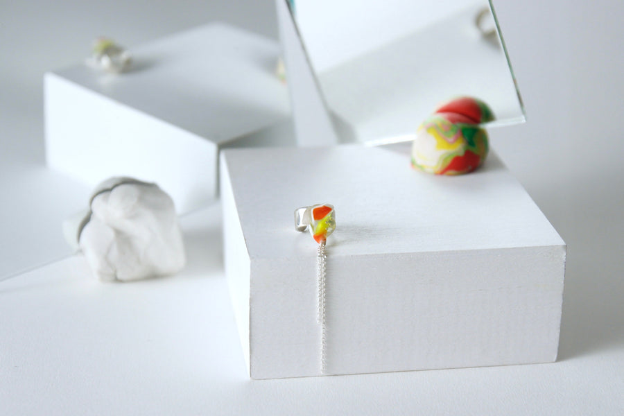 Unique Handcrafted Dangling Ear Cuff by Gré in citrus colours with sterling silver