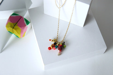 Unique Gold Plated Chain Necklace in Multicolor Gem Stones by Gré with Dalmatian stone, pyrite, agate, carnelian, jasper, turquoise