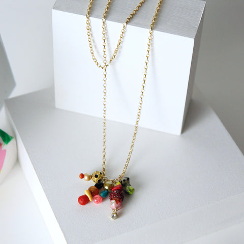 Unique Gold Plated Chain Necklace in Multicolor Gem Stones by Gré with Dalmatian stone, pyrite, agate, carnelian, jasper, turquoise