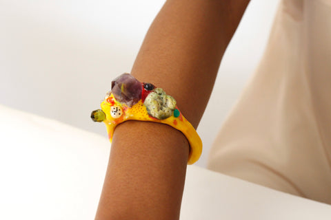 Handcrafted One-of-a-kind Cuff Bracelet in Sunburst Yellow by Gré with Amethyst, Prehnite and Labradorite