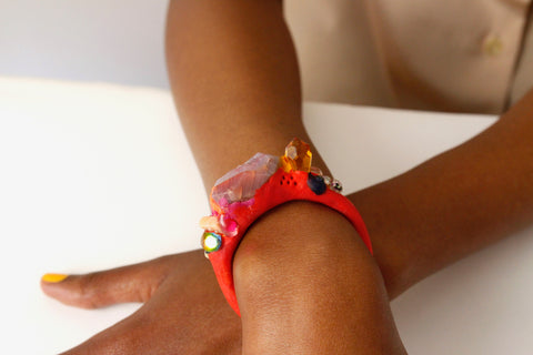 Handcrafted One-of-a-kind Cuff Bracelet in Scarlet by Gré with Agate, Pink aventurine, Dalmatian stone and Quartz