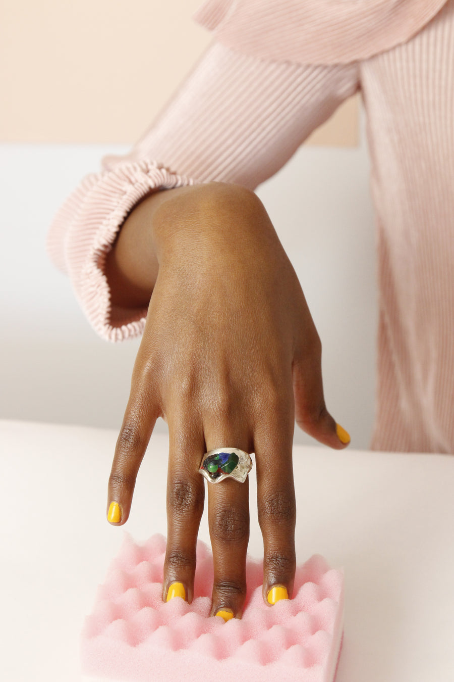 Handcrafted Sterling Silver Ring by Gré with Green Agate and Jade