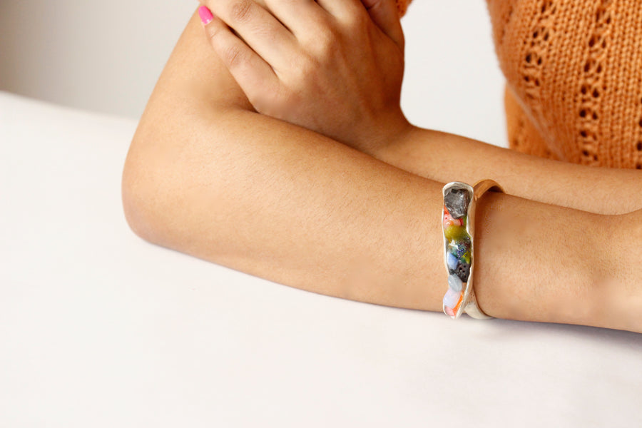 Handcrafted One-of-a-kind Cuff Bracelet in Sterling Silver by Gré with Smoky herkimer, carnelian, aquamarine, moonstone